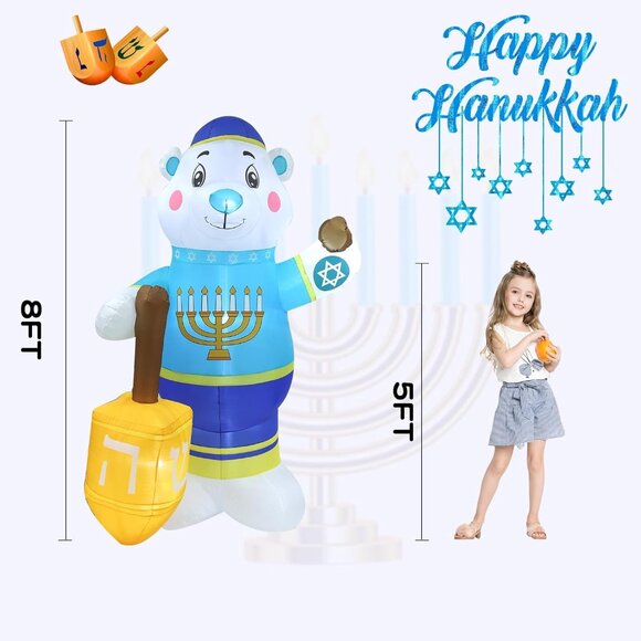 8FT Polar Bear Hanukkah Inflatable with LED Lights for Yard Lawn Patio Decor - Picture 3 of 7